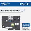 Genuine Brother TZe-111 Black on Clear Laminated P-touch Label Tape, 1/4" (6mm)