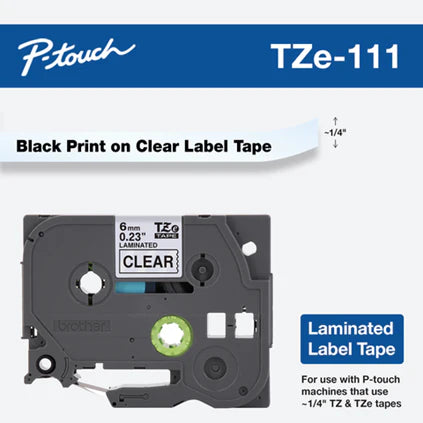 Genuine Brother TZe-111 Black on Clear Laminated P-touch Label Tape, 1/4" (6mm)