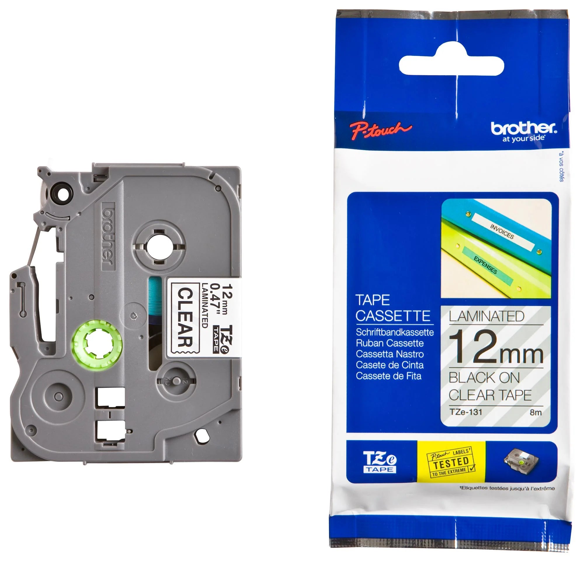 Genuine Brother TZe-131 Black on Clear Laminated P-touch Label Tape, 1/2" (12mm)