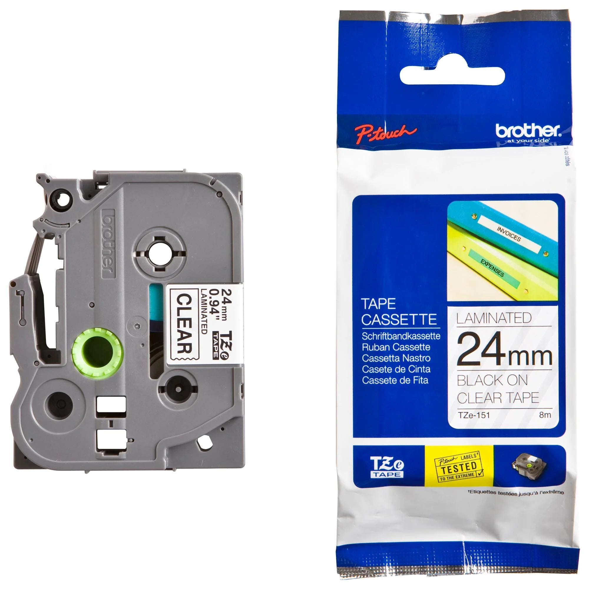 Genuine Brother TZe-151 Black on Clear Laminated P-touch Label Tape, 1" (24mm)