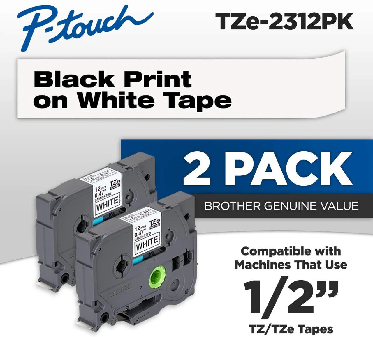 Genuine Brother TZe-231 Black on White Laminated P-touch Label Tape, 1/2" (12mm), 2-Pack