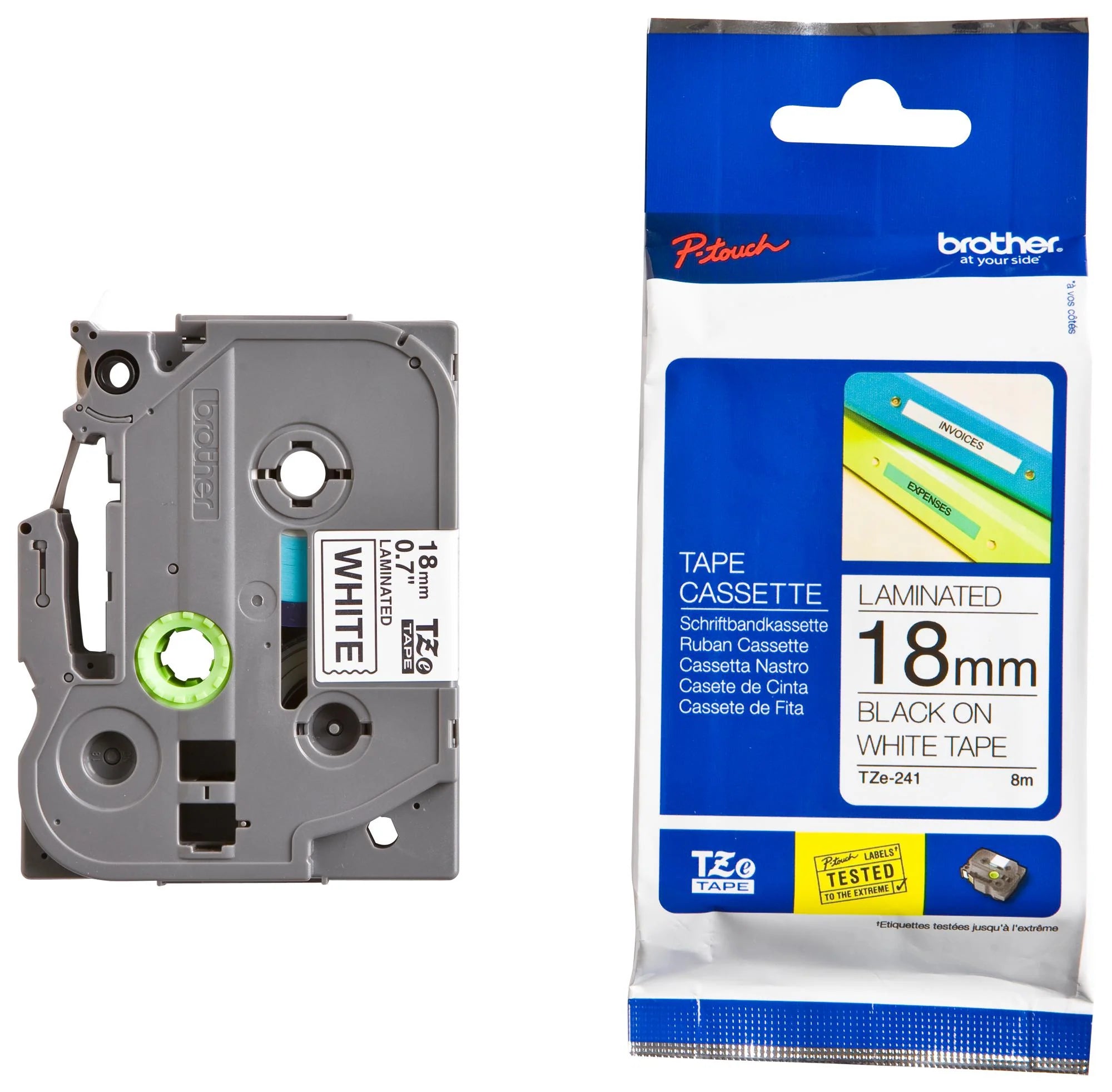 Genuine Brother TZe-241 Black on White Laminated P-touch Label Tape, 3/4" (18mm)