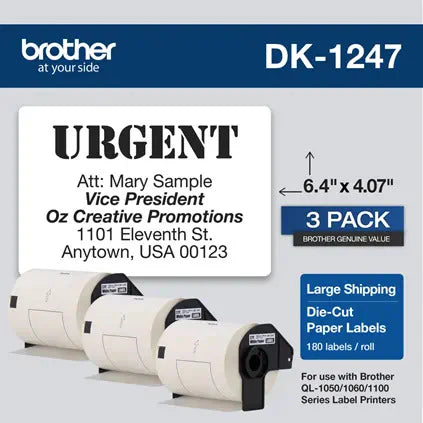Genuine Brother DK-1247 Paper Shipping Labels, 4.07" x 6.4" (103mm x 164mm), 3-Pack