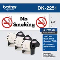 Genuine Brother DK-2251 Continuous Length Black &amp; Red on White Paper Labels, 2.4" (62mm), 3-Pack