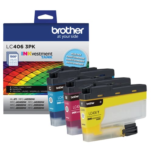 Genuine Brother LC406 Standard-Yield Cyan, Magenta &amp; Yellow Ink Cartridge 3-Pack