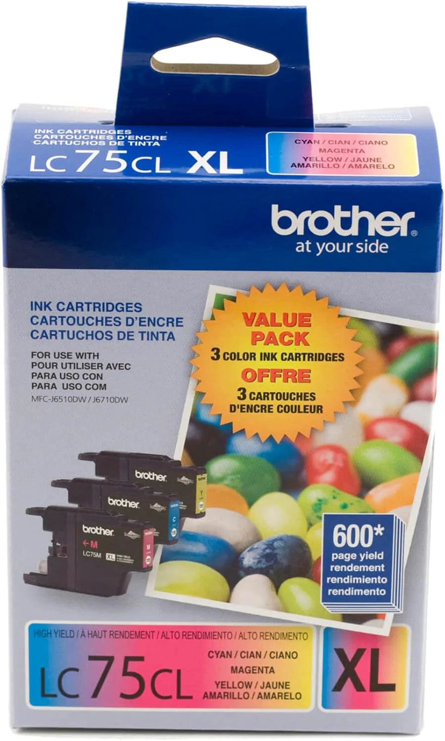 Genuine Brother LC75 High-Yield Cyan, Magenta &amp; Yellow Ink Cartridge 3-Pack (LC753PKS)