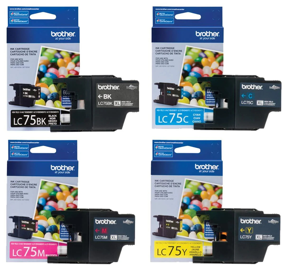 Genuine Brother LC75 High-Yield Black, Cyan, Magenta &amp; Yellow Ink Cartridge 4-Pack