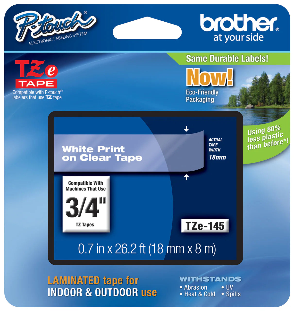 Genuine Brother TZe-145 White on Clear Laminated P-touch Label Tape, 3/4" (18mm)