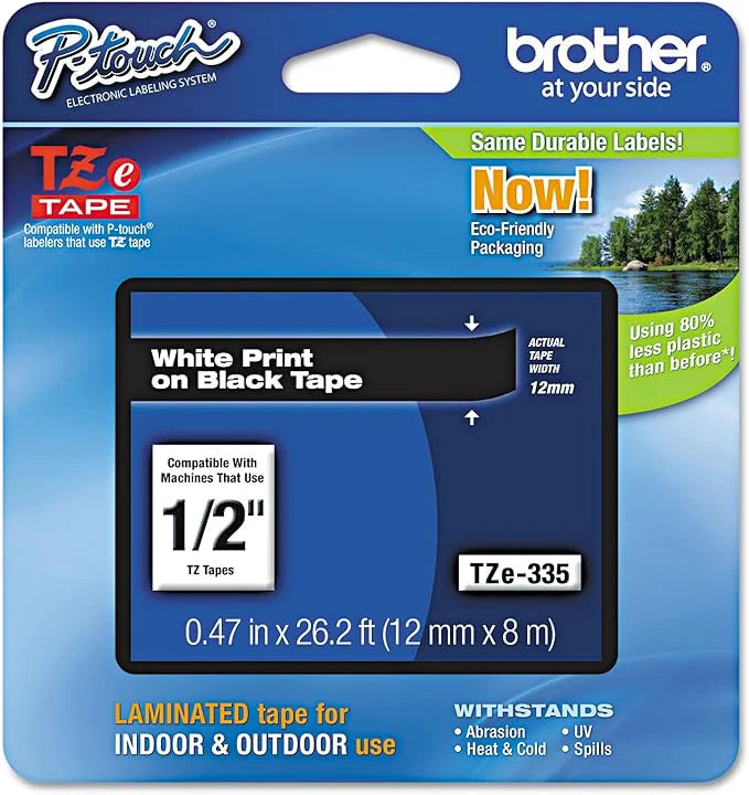 Genuine Brother TZe-335 White on Black Laminated P-touch Label Tape, 1/2" (12mm)